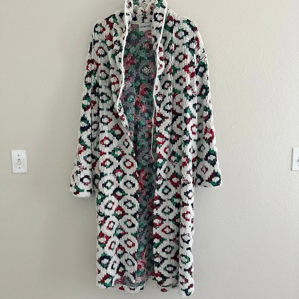 Vtg Crowntuft Chenille Robe Women L White Floral 80s Long Belted USA‎ Made Flaw